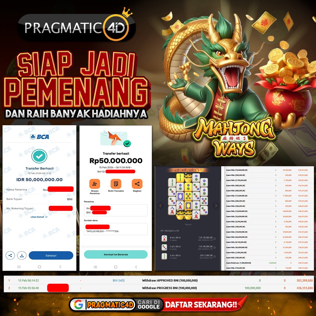 BUKTI KEMENANGAN MEMBER 15 FEBRUARY 2026 DI PRAGMATIC4D 100 JUTA