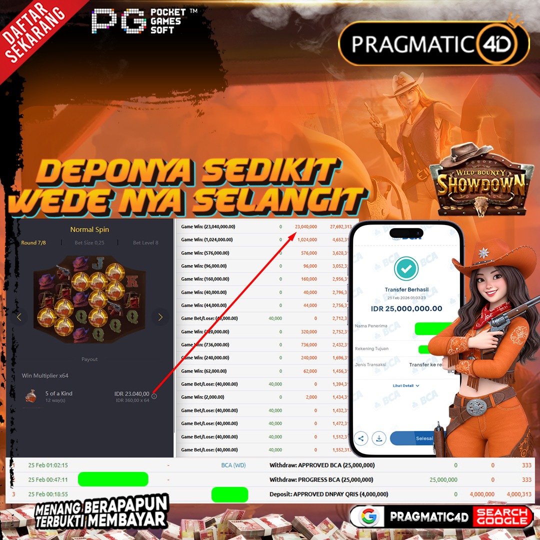 BUKTI KEMENANGAN MEMBER 25 FEBRUARY 2026 DI PRAGMATIC4D 25 JUTA