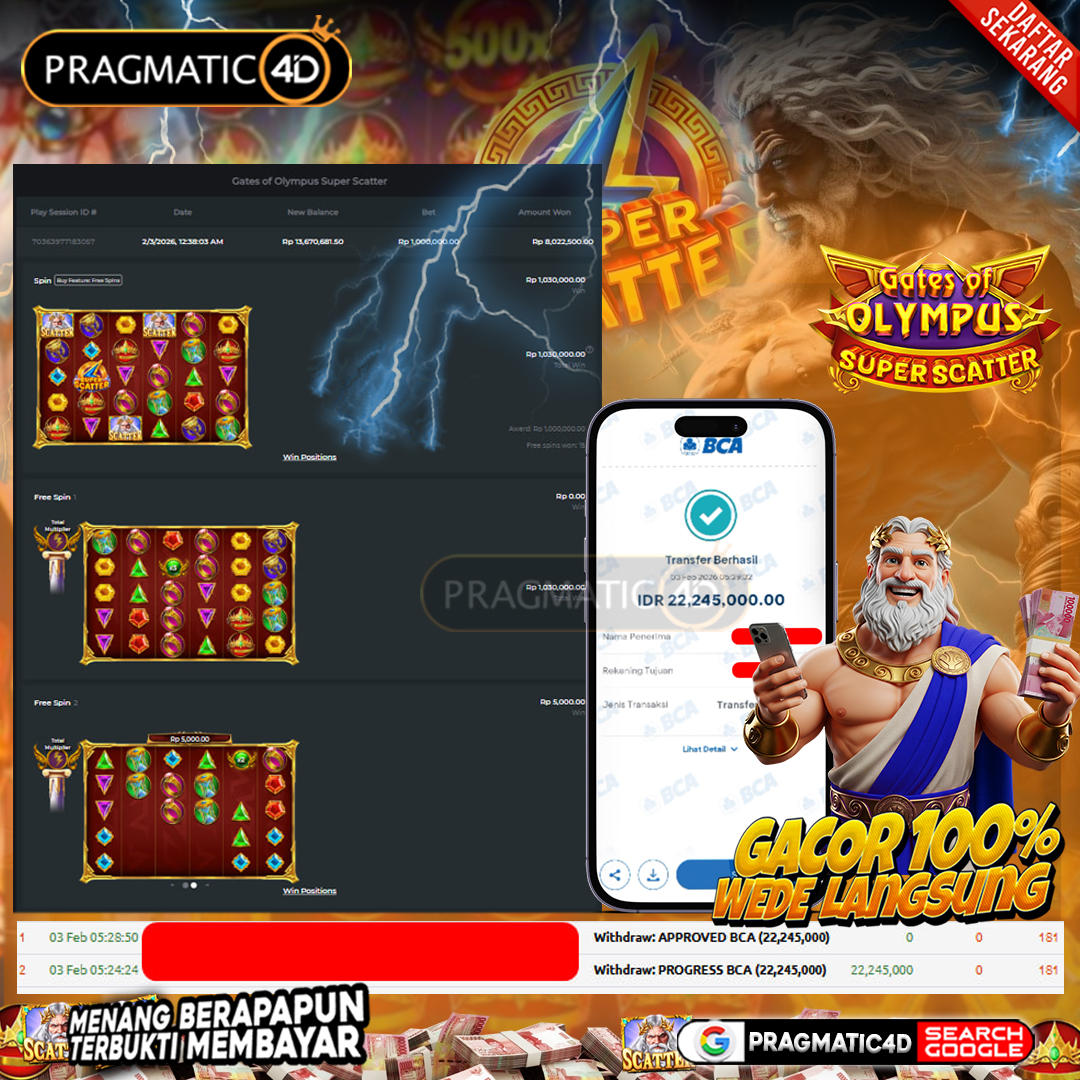 BUKTI KEMENANGAN MEMBER 01 FEBRUARY 2026 DI PRAGMATIC4D 22 JUTA