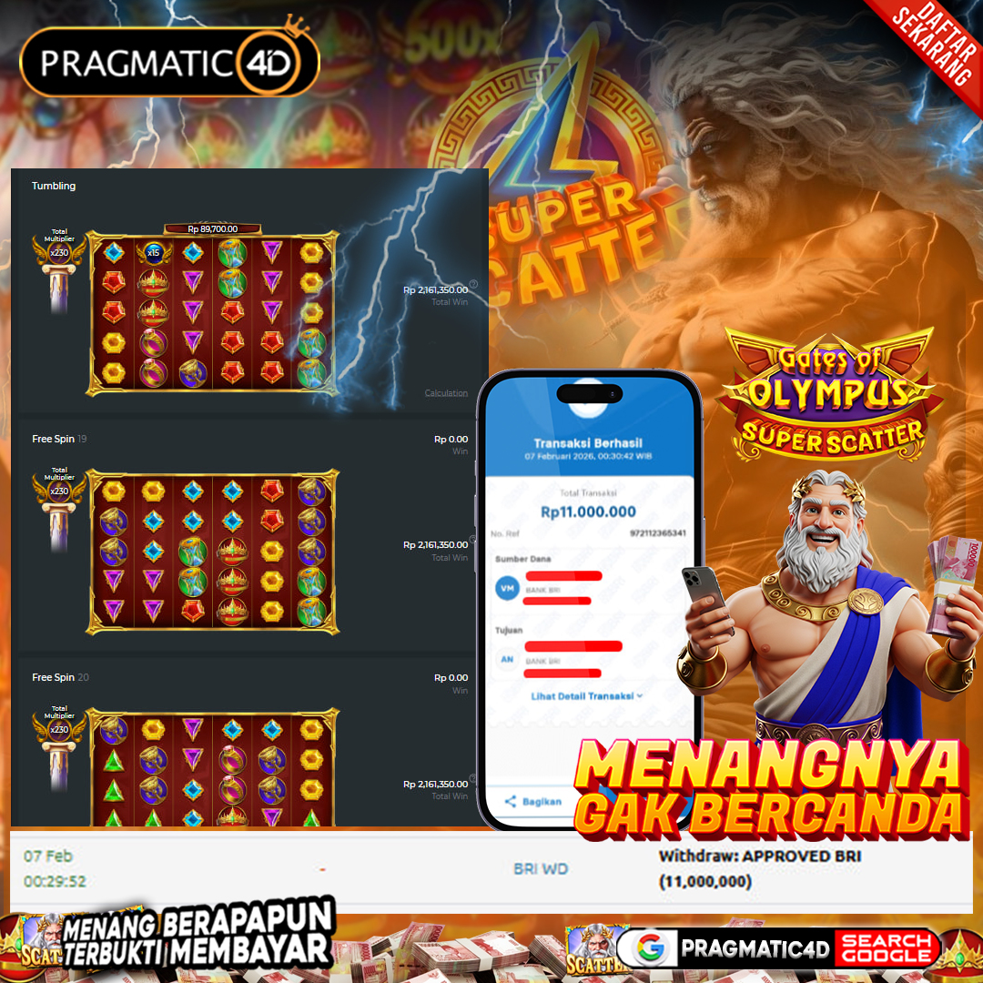 BUKTI KEMENANGAN MEMBER 07 FEBRUARY 2026 DI PRAGMATIC4D 11 JUTA