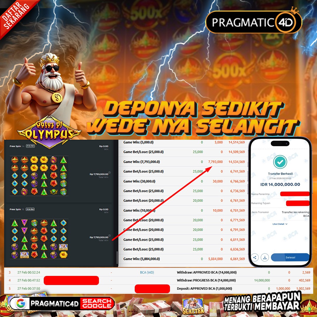 BUKTI KEMENANGAN MEMBER 27 FEBRUARY 2026 DI PRAGMATIC4D 14 JUTA