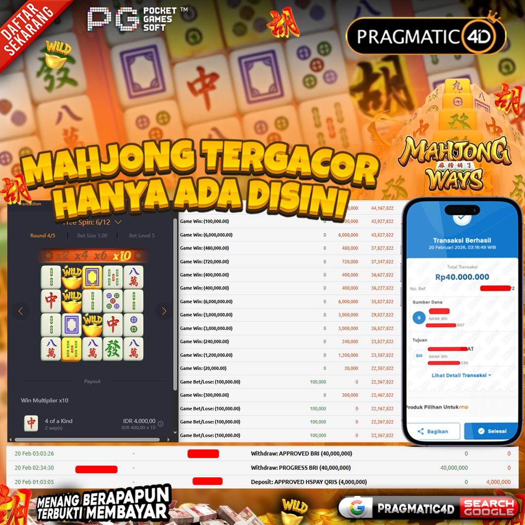 BUKTI KEMENANGAN MEMBER 20 FEBRUARY 2026 DI PRAGMATIC4D 40 JUTA