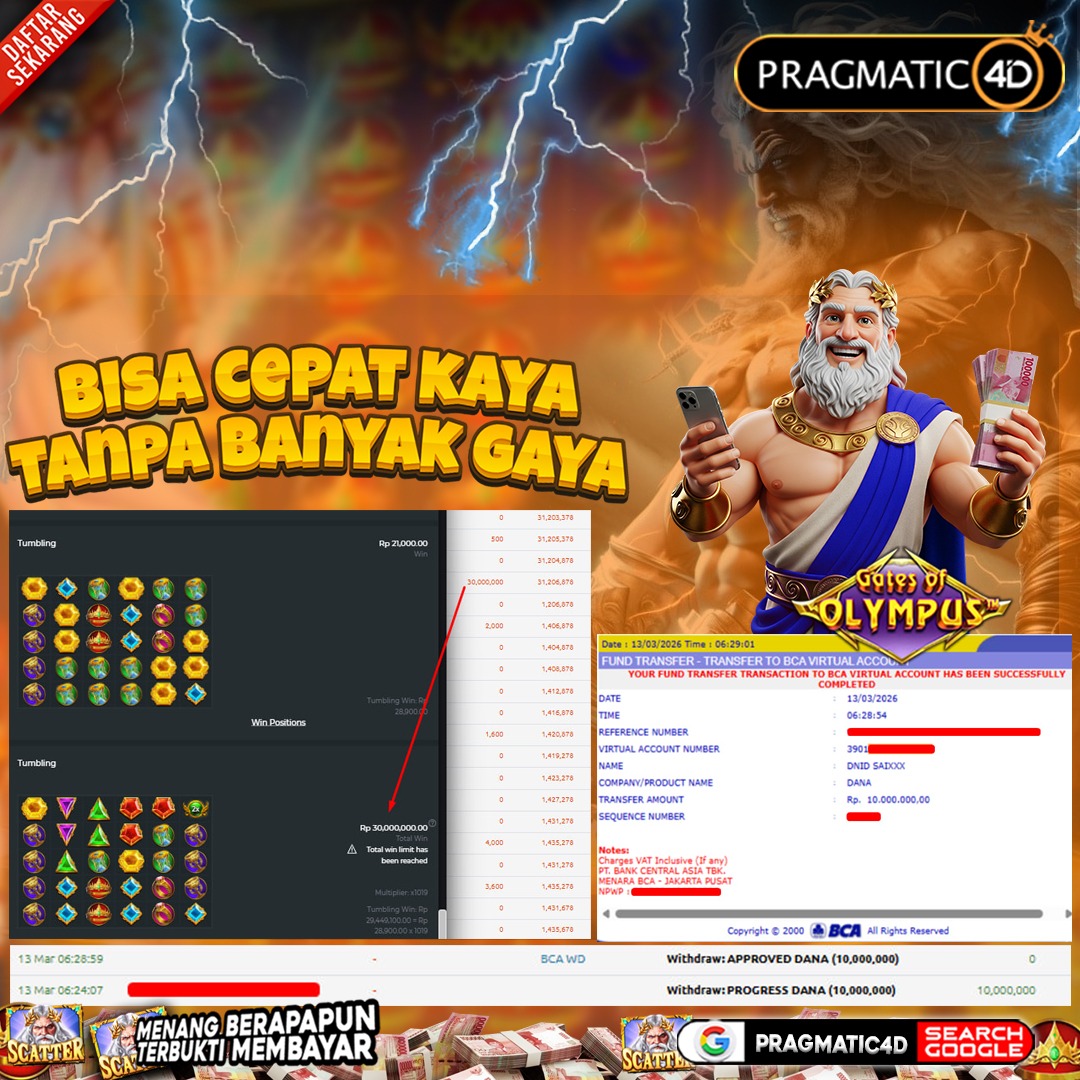 BUKTI KEMENANGAN MEMBER 13 MARET 2026 DI PRAGMATIC4D 10 JUTA