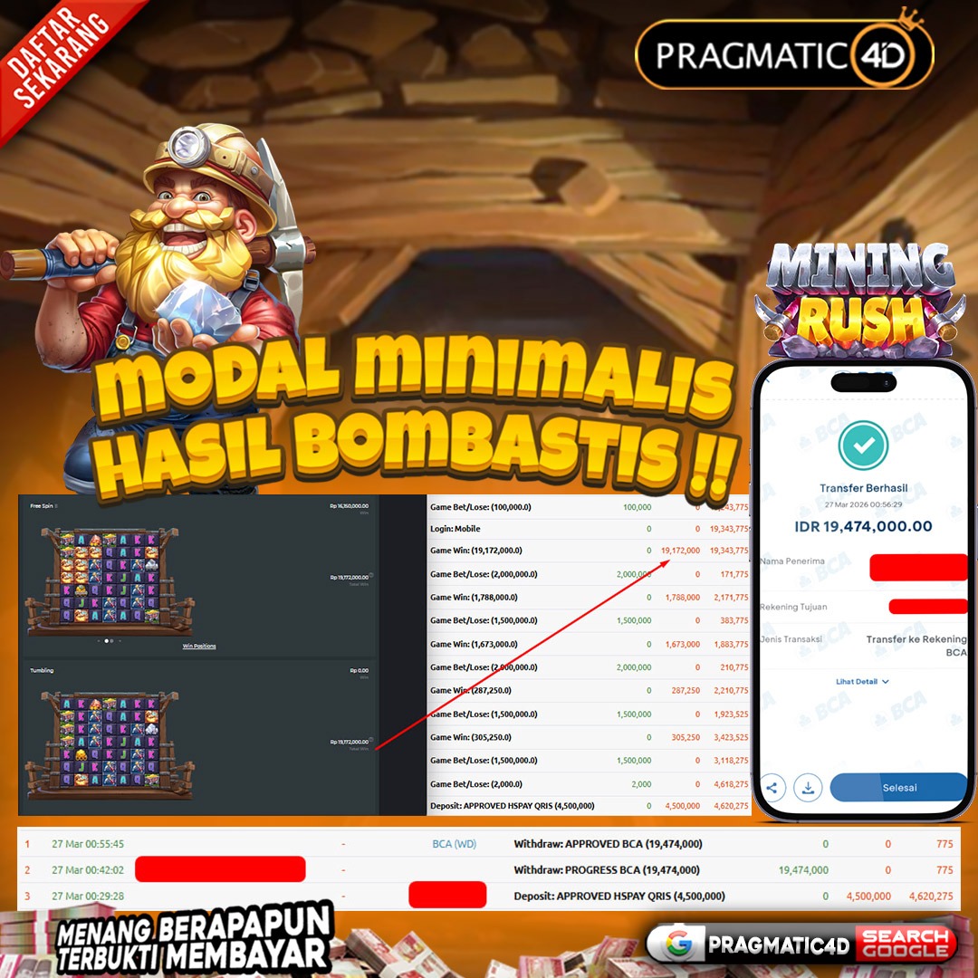 BUKTI KEMENANGAN MEMBER 27 MARET 2026 DI PRAGMATIC4D 19 JUTA