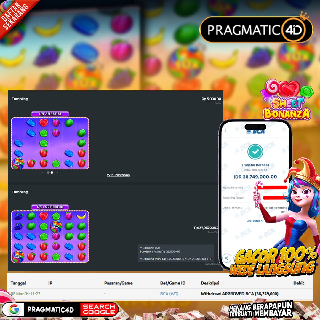 BUKTI KEMENANGAN MEMBER 08 MARET 2026 DI PRAGMATIC4D 38 JUTA