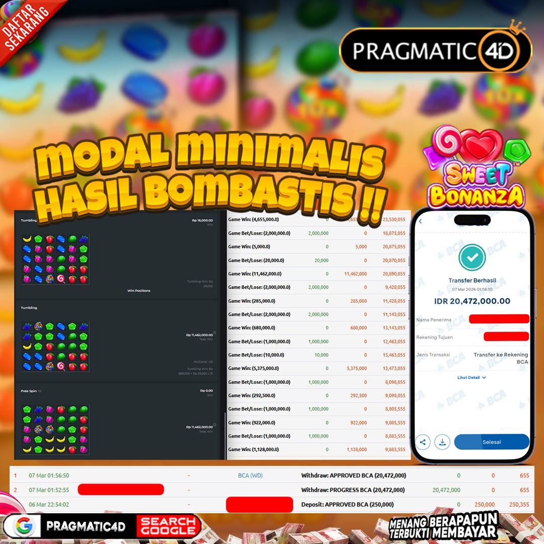 BUKTI KEMENANGAN MEMBER 07 MARET 2026 DI PRAGMATIC4D 20 JUTA