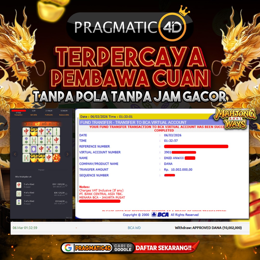 BUKTI KEMENANGAN MEMBER 06 MARET 2026 DI PRAGMATIC4D 10 JUTA