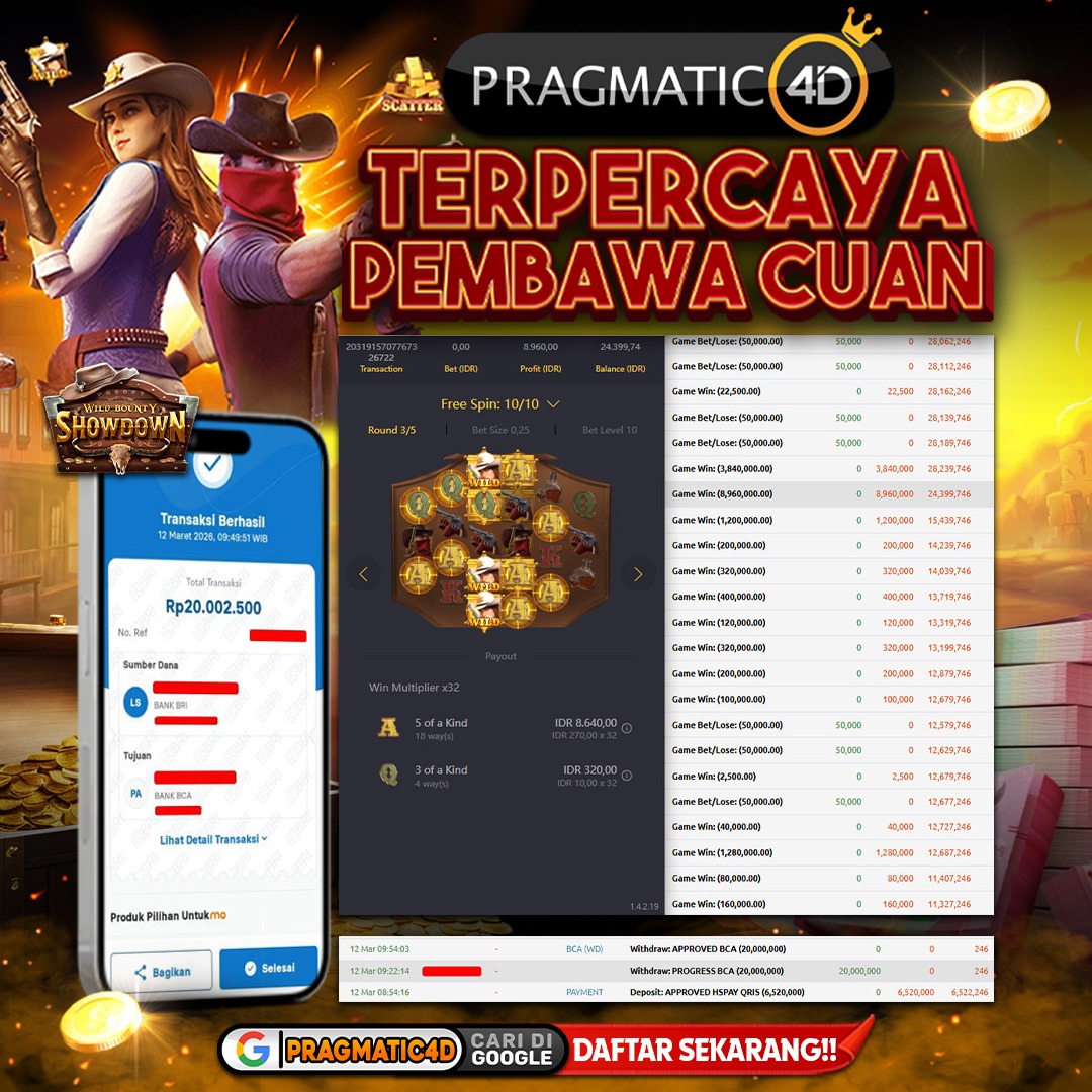 BUKTI KEMENANGAN MEMBER 12 MARET 2026 DI PRAGMATIC4D 20 JUTA