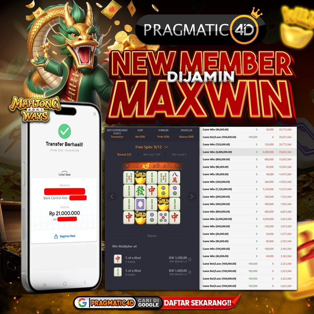 BUKTI KEMENANGAN MEMBER 20 MARET 2026 DI PRAGMATIC4D 21 JUTA