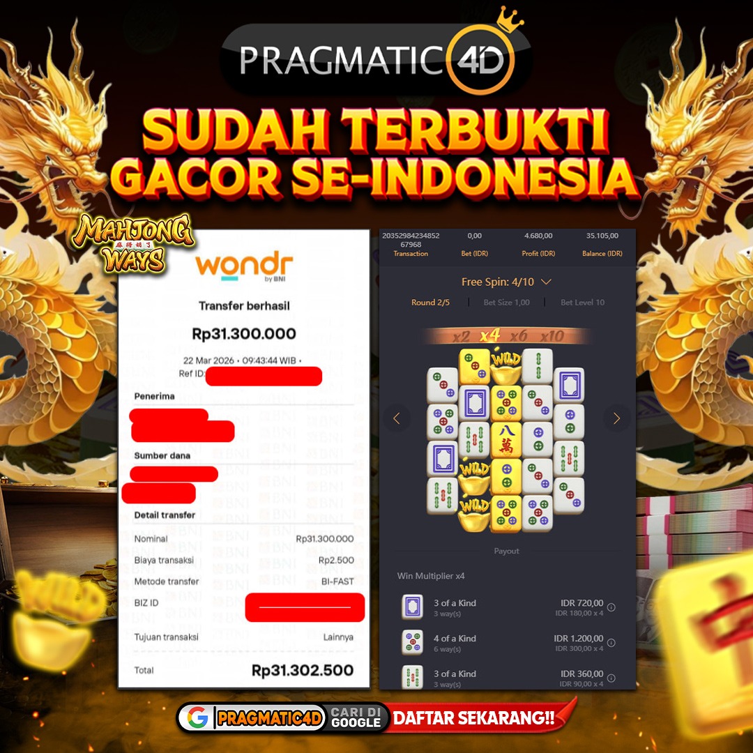 BUKTI KEMENANGAN MEMBER 23 MARET 2026 DI PRAGMATIC4D 31 JUTA
