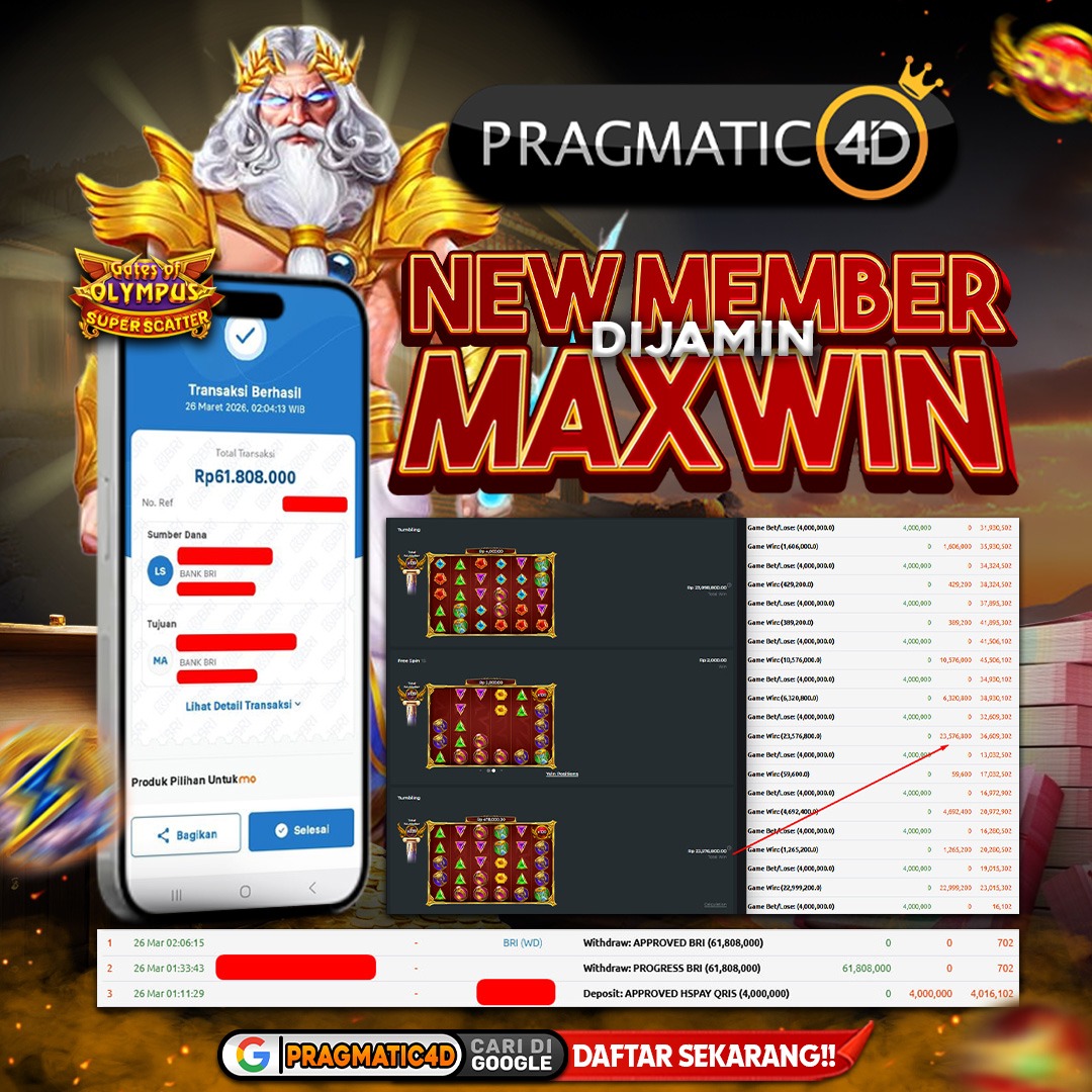 BUKTI KEMENANGAN MEMBER 26 MARET 2026 DI PRAGMATIC4D 61 JUTA