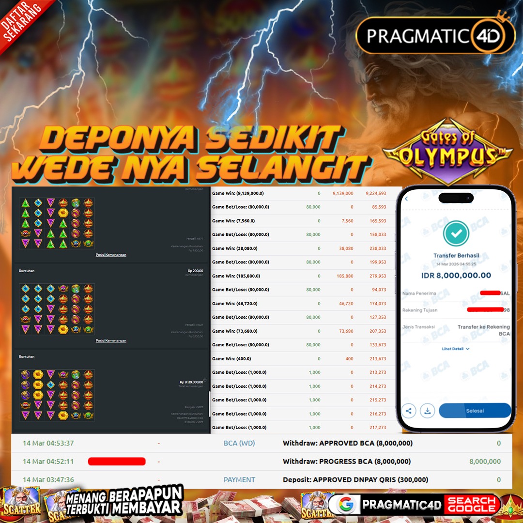 BUKTI KEMENANGAN MEMBER 14 MARET 2026 DI PRAGMATIC4D 8 JUTA