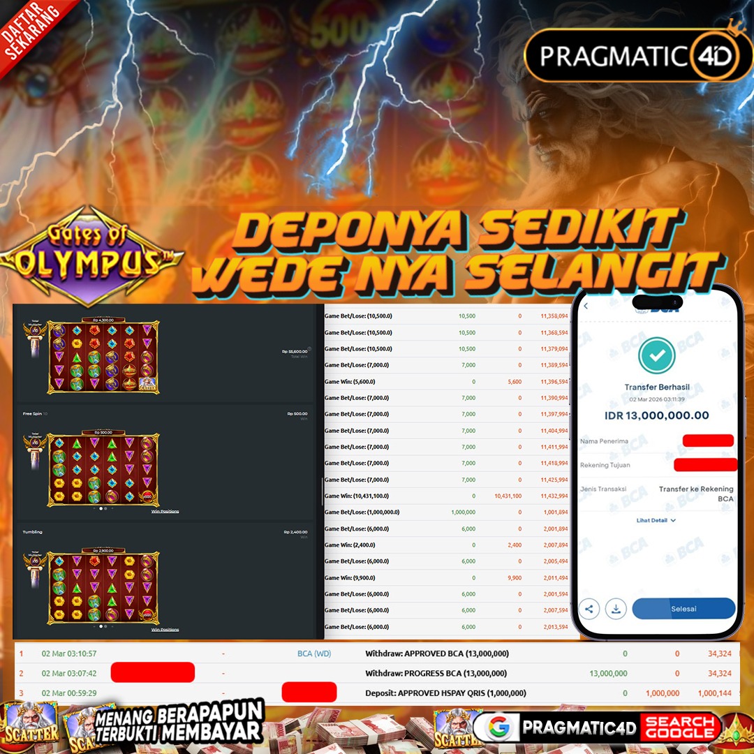 BUKTI KEMENANGAN MEMBER 02 MARET 2026 DI PRAGMATIC4D 13 JUTA