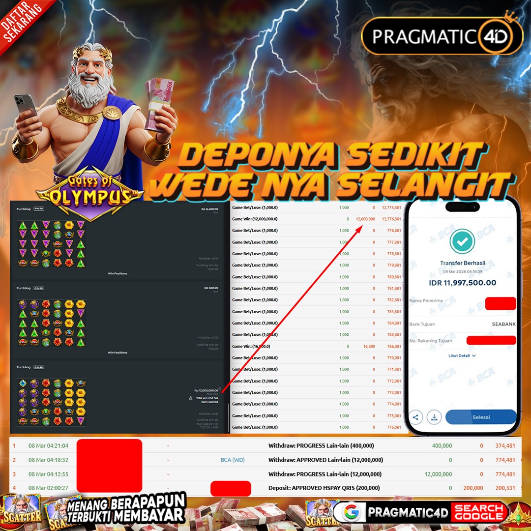 BUKTI KEMENANGAN MEMBER 08 MARET 2026 DI PRAGMATIC4D 12 JUTA