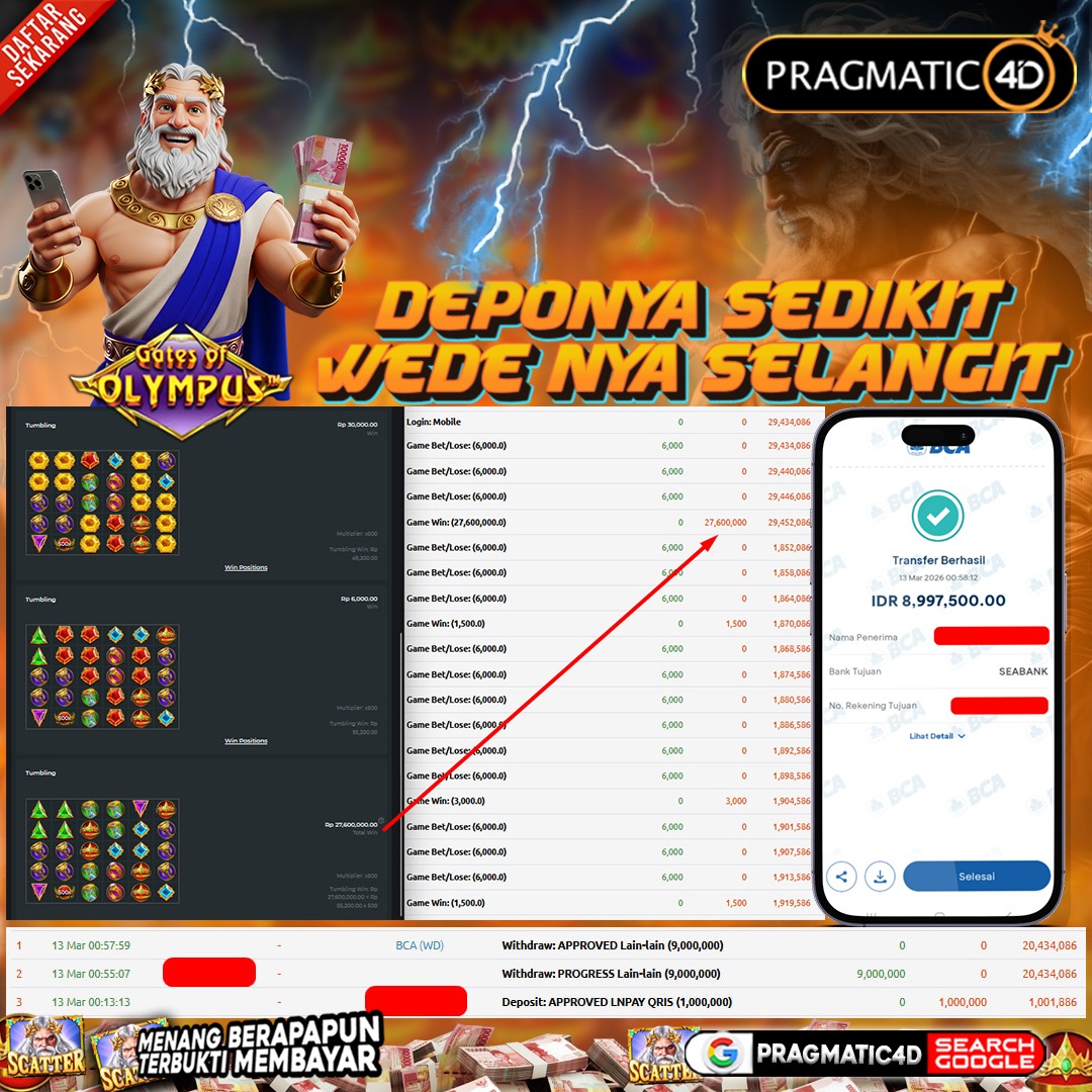 BUKTI KEMENANGAN MEMBER 13 MARET 2026 DI PRAGMATIC4D 9 JUTA