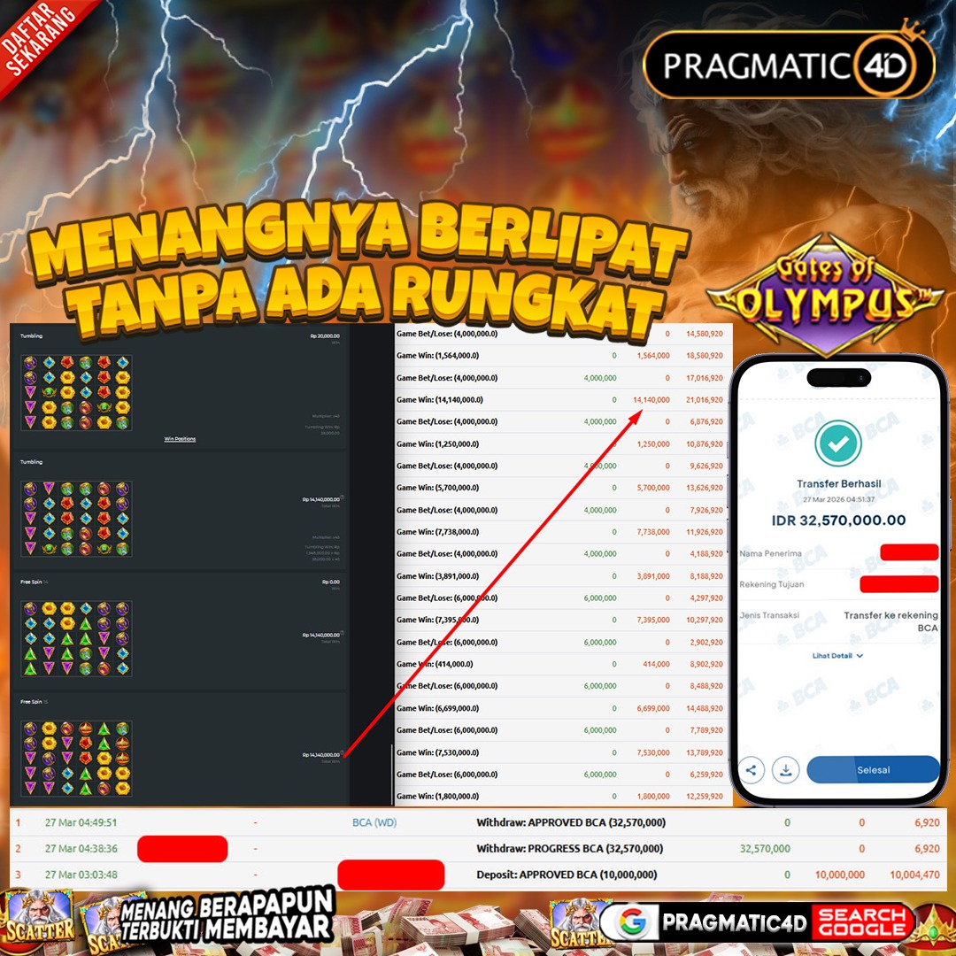 BUKTI KEMENANGAN MEMBER 27 MARET 2026 DI PRAGMATIC4D 32 JUTA