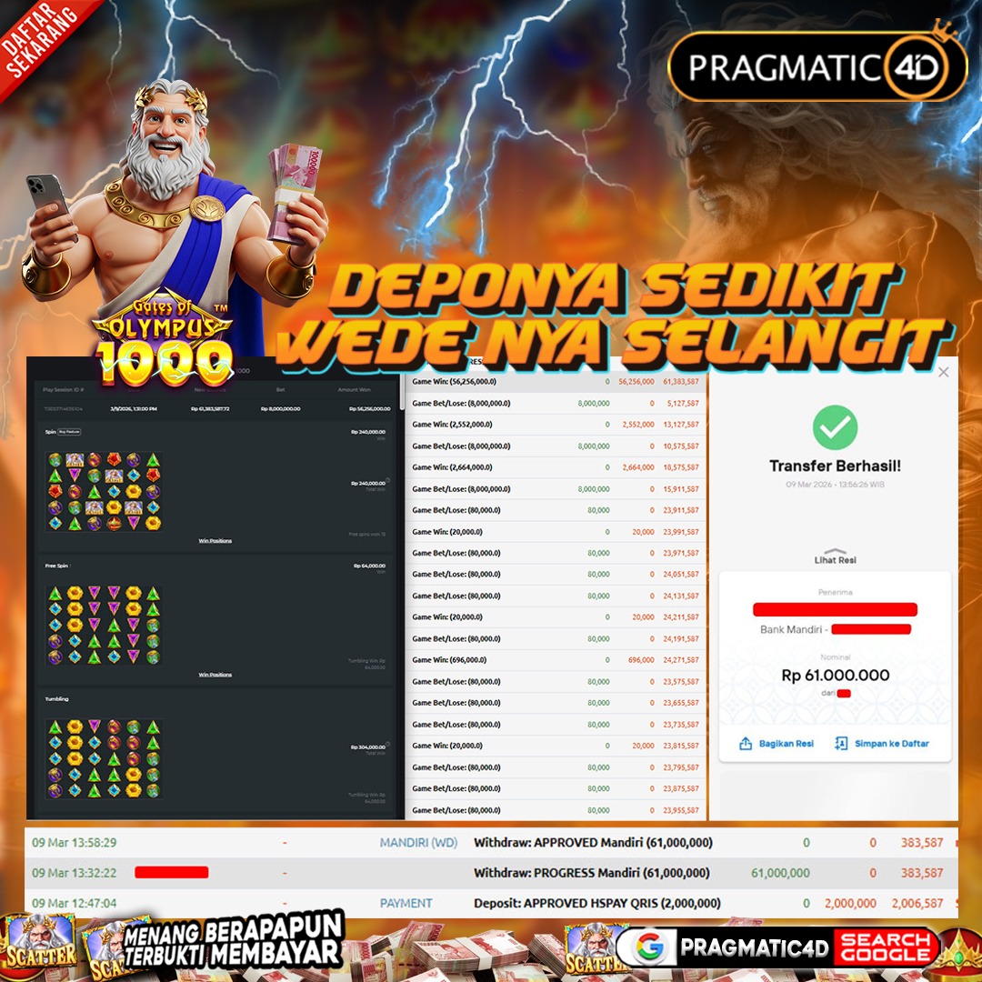BUKTI KEMENANGAN MEMBER 09 MARET 2026 DI PRAGMATIC4D 61 JUTA