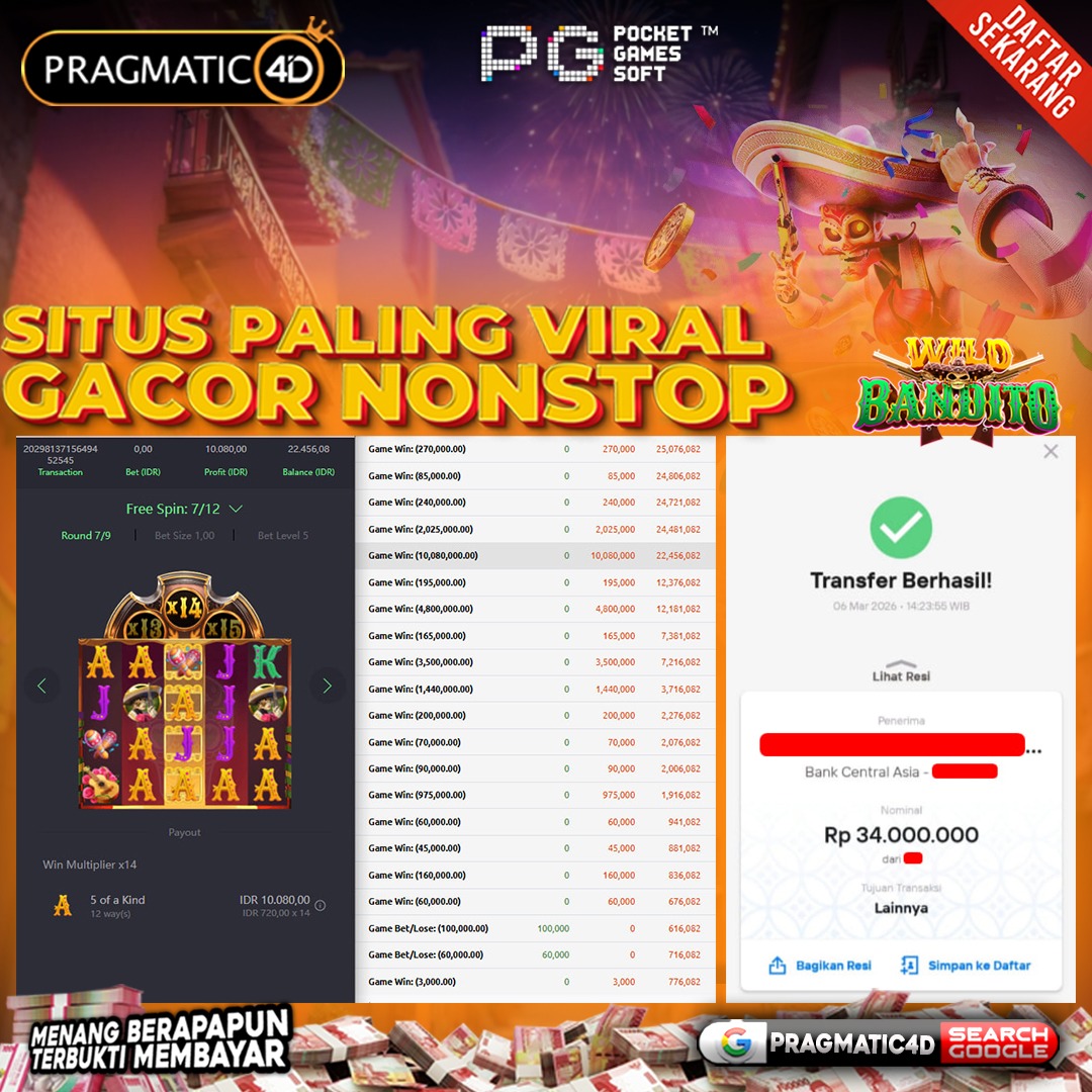 BUKTI KEMENANGAN MEMBER 07 MARET 2026 DI PRAGMATIC4D 34 JUTA