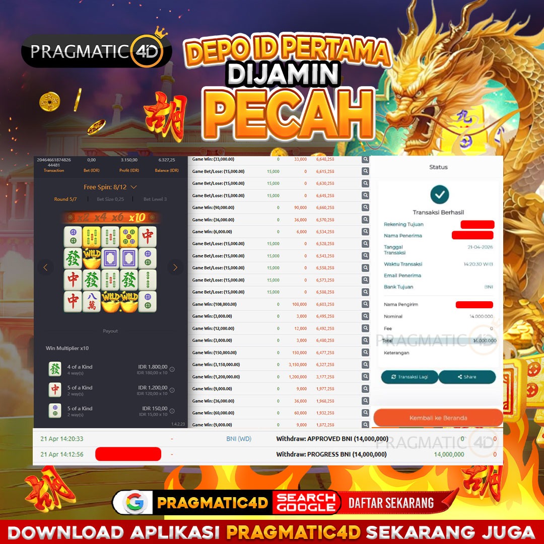 BUKTI KEMENANGAN MEMBER 22 APRIL 2026 DI PRAGMATIC4D 14 JUTA