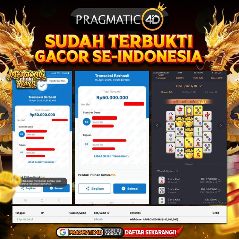 BUKTI KEMENANGAN MEMBER 15 APRIL 2026 DI PRAGMATIC4D 100 JUTA
