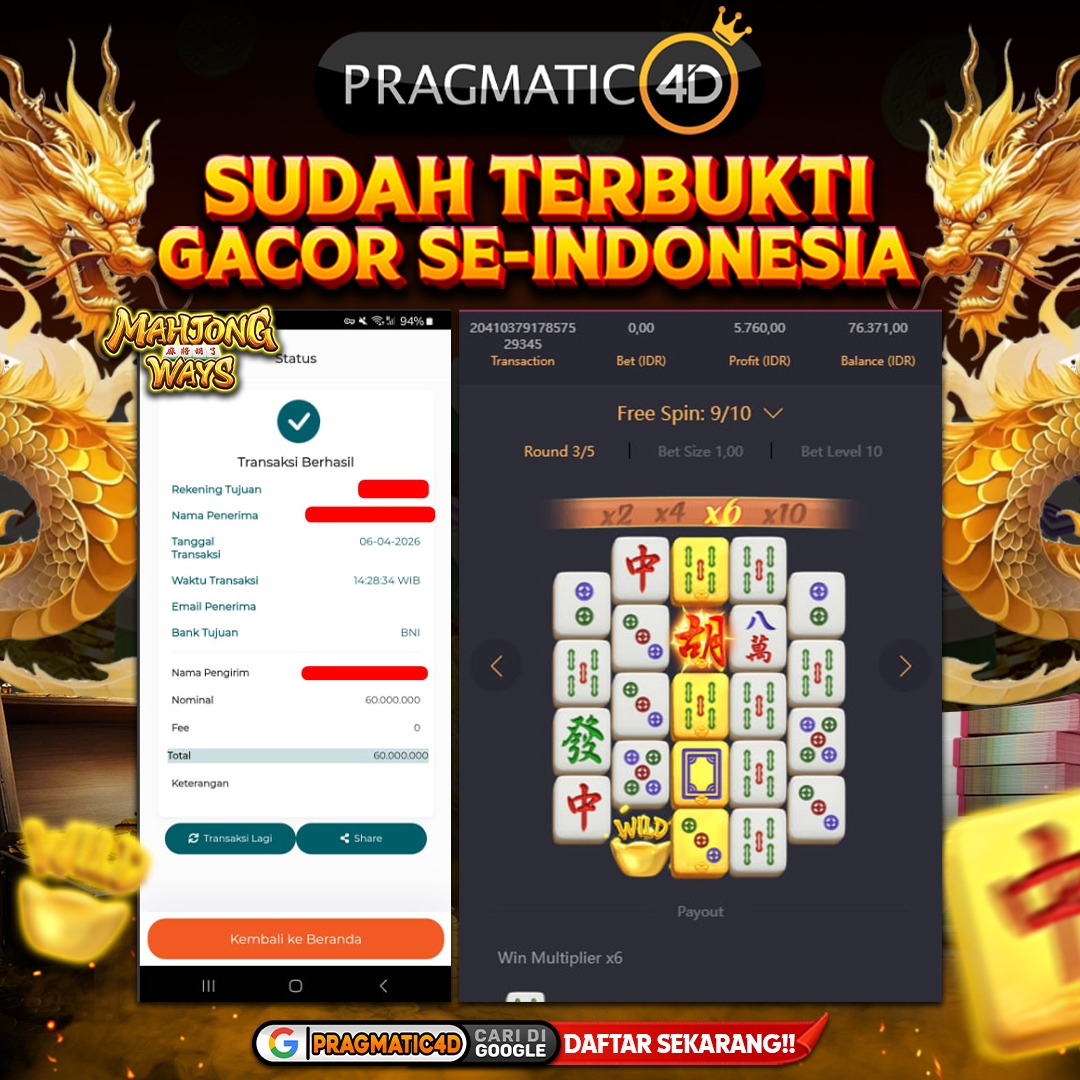 BUKTI KEMENANGAN MEMBER 06 APRIL 2026 DI PRAGMATIC4D 60 JUTA