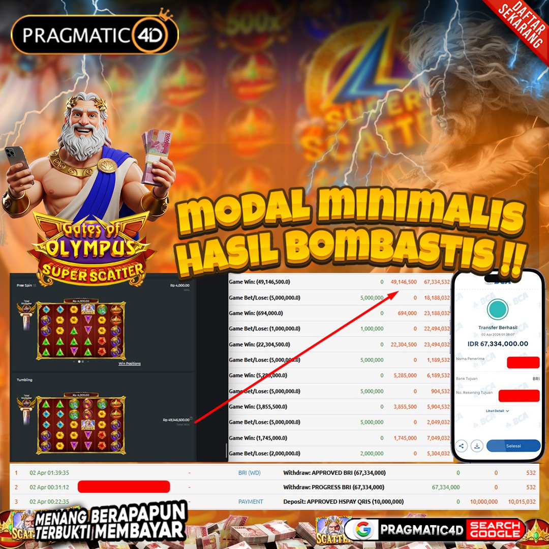 BUKTI KEMENANGAN MEMBER 02 APRIL 2026 DI PRAGMATIC4D 67 JUTA