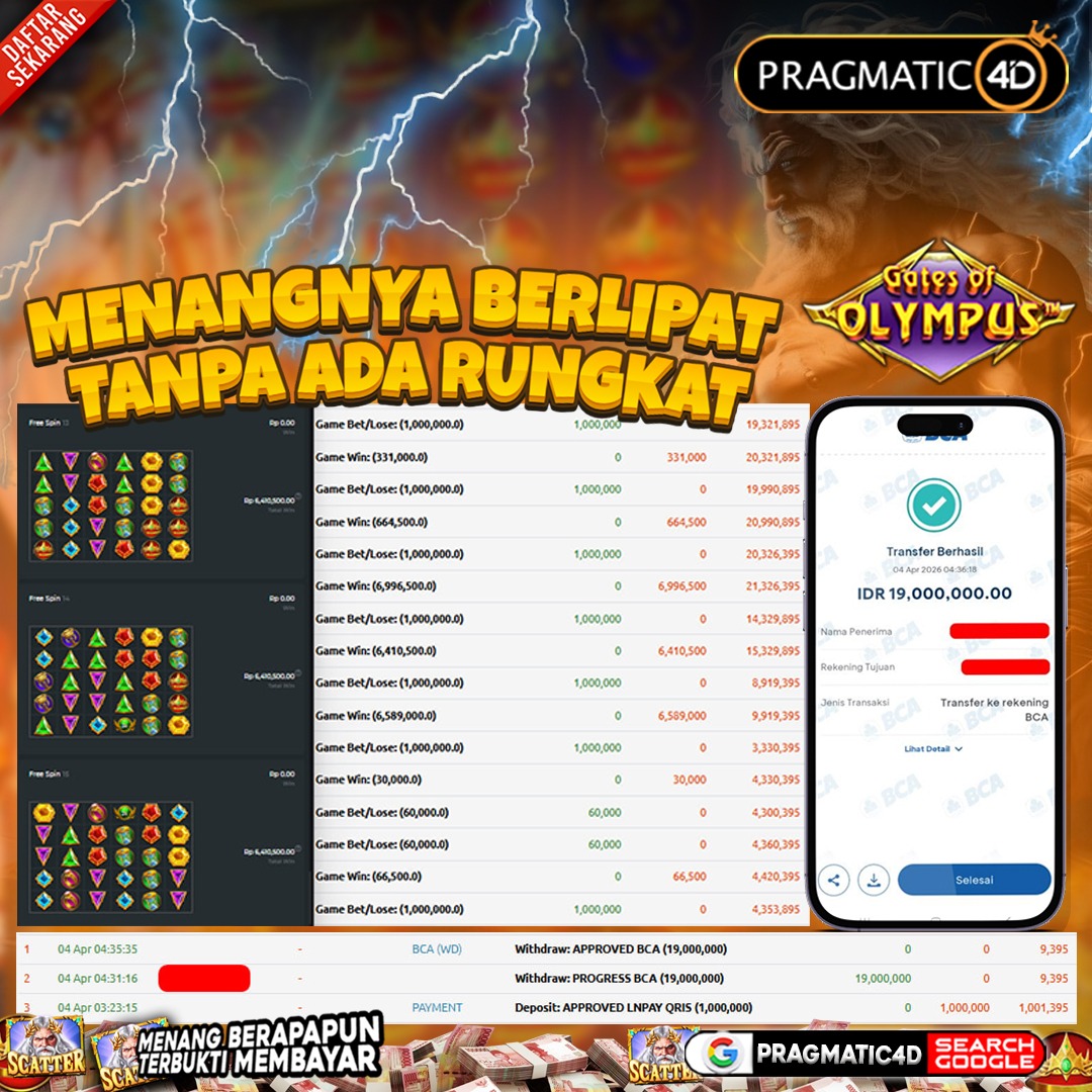 BUKTI KEMENANGAN MEMBER 04 APRIL 2026 DI PRAGMATIC4D 19 JUTA