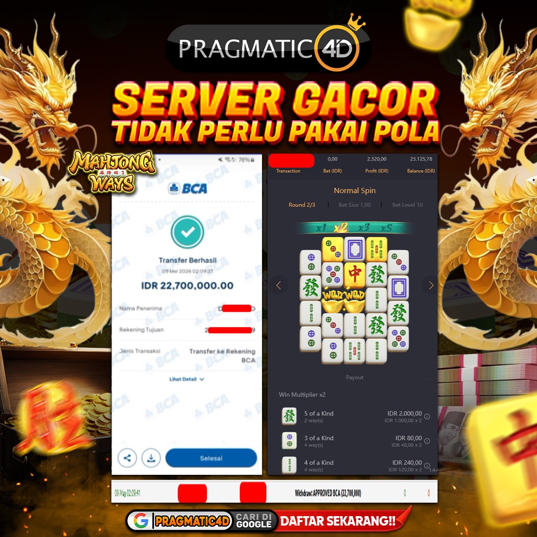 BUKTI KEMENANGAN MEMBER 09 MEI 2026 DI PRAGMATIC4D 22 JUTA