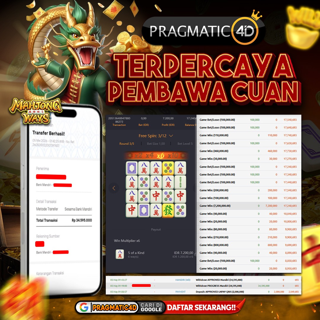 BUKTI KEMENANGAN MEMBER 05 MEI 2026 DI PRAGMATIC4D 34 JUTA