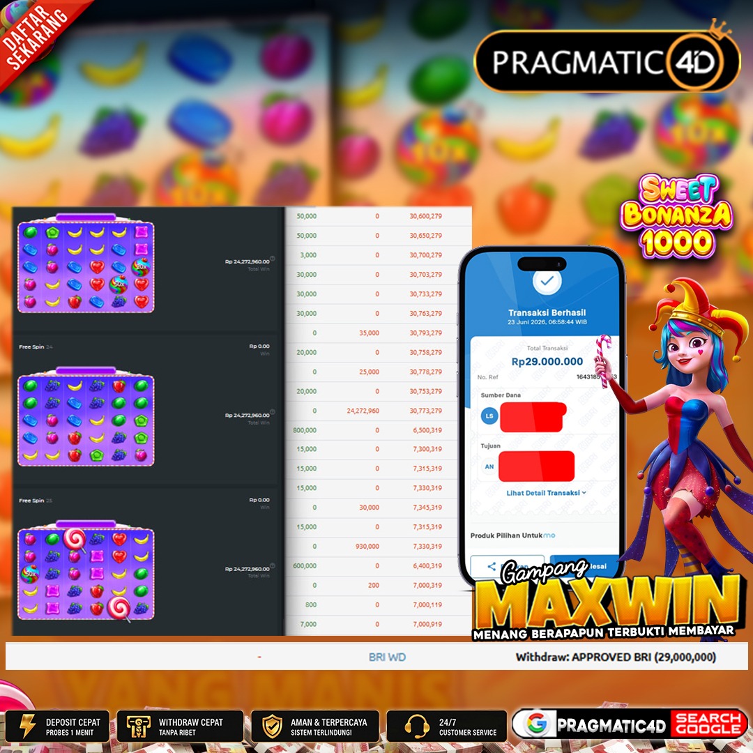 BUKTI KEMENANGAN MEMBER 24 JUNI 2026 DI PRAGMATIC4D 29 JUTA