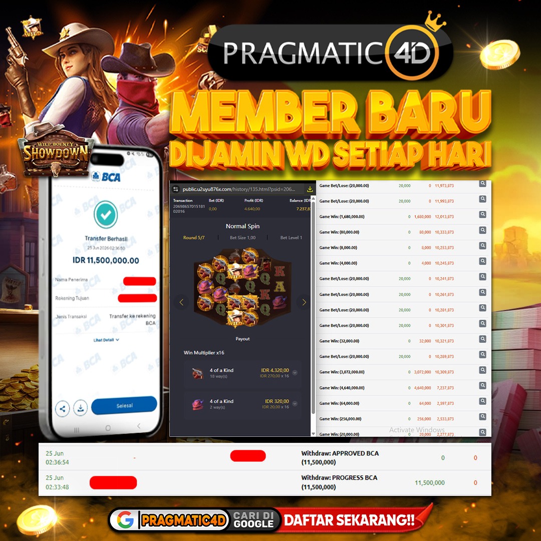 BUKTI KEMENANGAN MEMBER 25 JUNI 2026 DI PRAGMATIC4D 11 JUTA