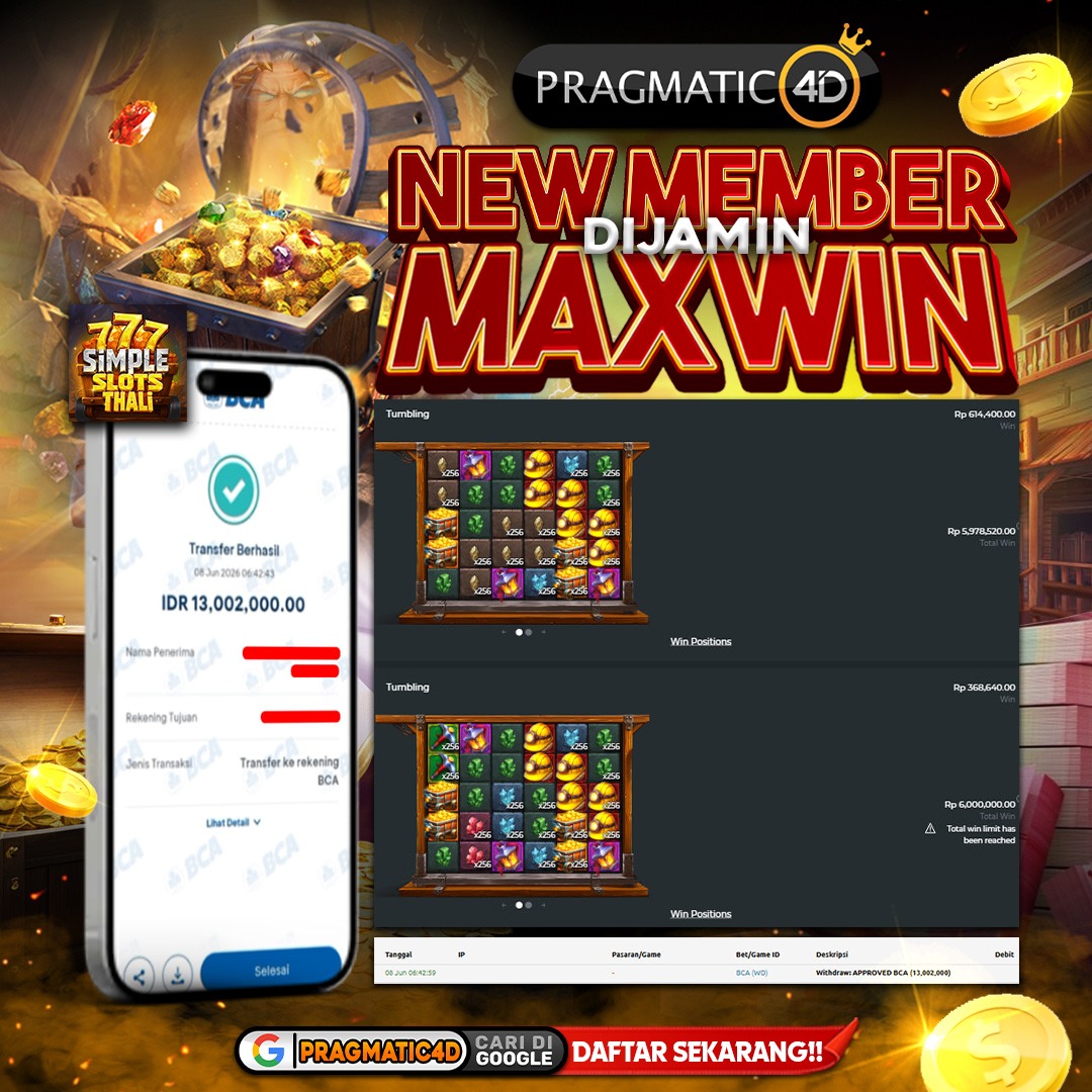 BUKTI KEMENANGAN MEMBER 08 JUNI 2026 DI PRAGMATIC4D 13 JUTA