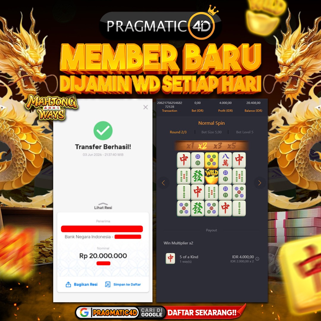 BUKTI KEMENANGAN MEMBER 04 JUNI 2026 DI PRAGMATIC4D 20 JUTA