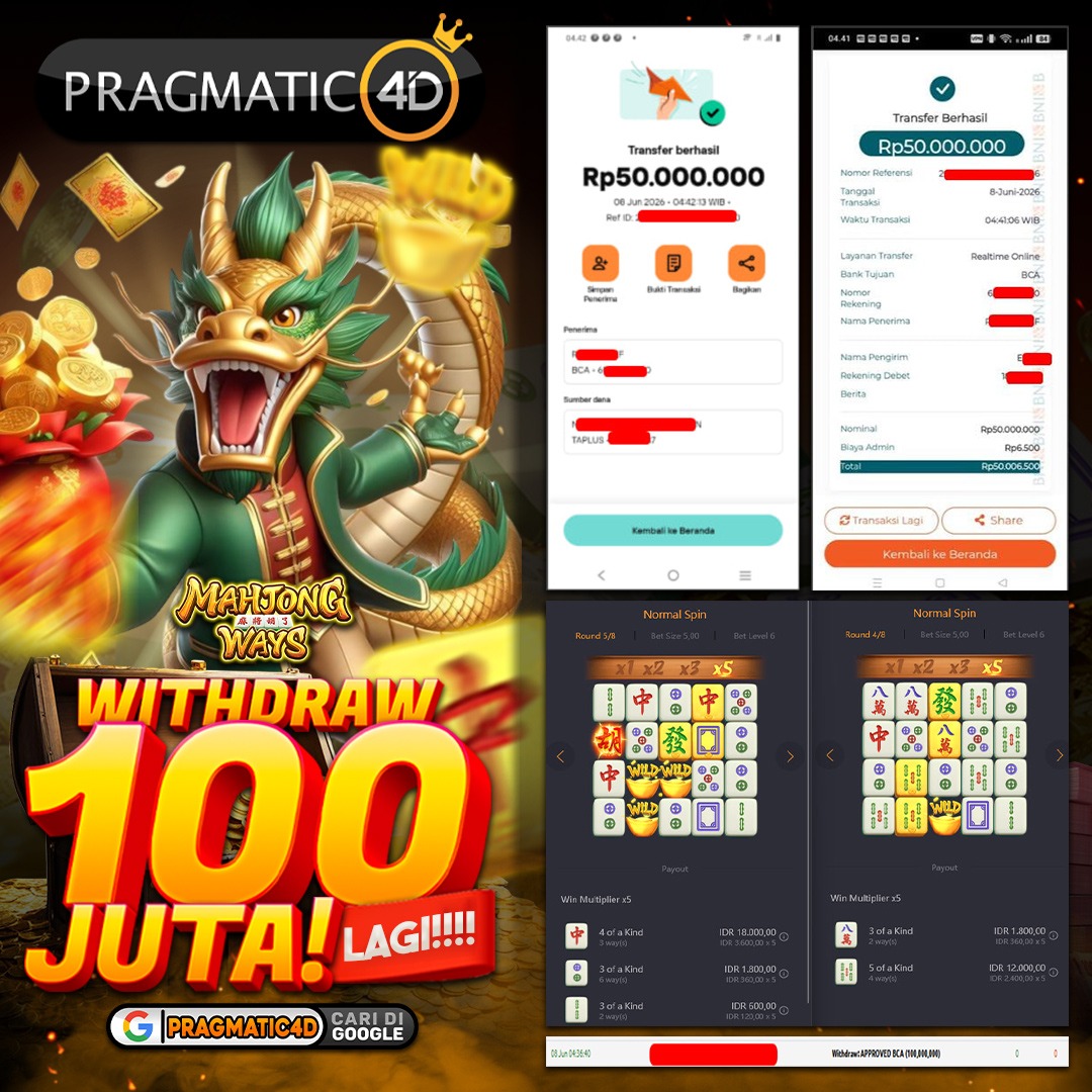 BUKTI KEMENANGAN MEMBER 08 JUNI 2026 DI PRAGMATIC4D 100 JUTA