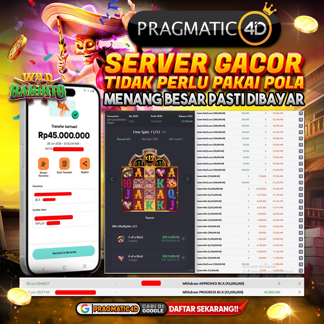 BUKTI KEMENANGAN MEMBER 29 JUNI 2026 DI PRAGMATIC4D 45 JUTA