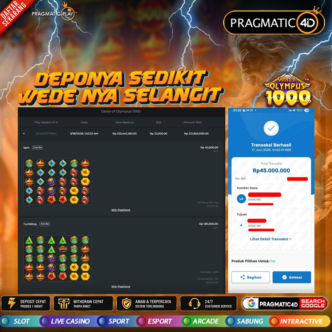 BUKTI KEMENANGAN MEMBER 17 JUNI 2026 DI PRAGMATIC4D 45 JUTA