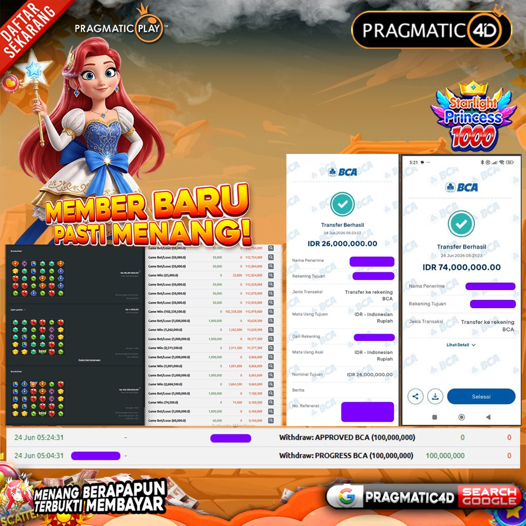 BUKTI KEMENANGAN MEMBER 24 JUNI 2026 DI PRAGMATIC4D 100 JUTA