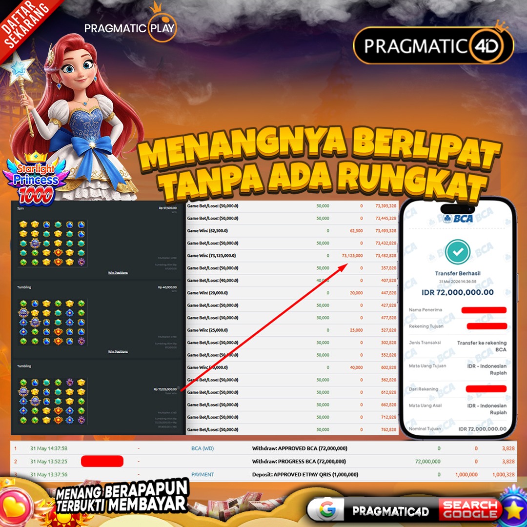 BUKTI KEMENANGAN MEMBER 01 JUNI 2026 DI PRAGMATIC4D 72 JUTA