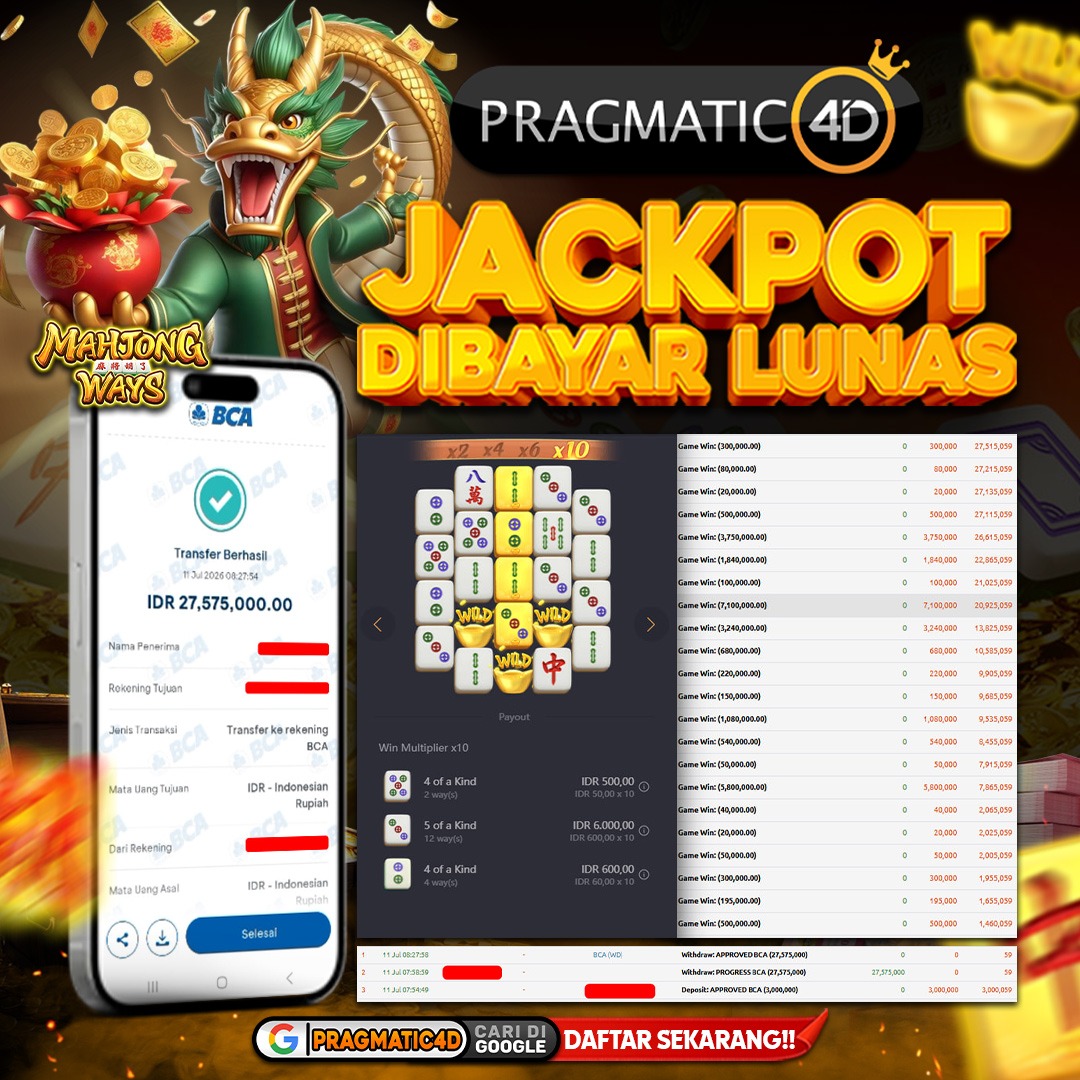 BUKTI KEMENANGAN MEMBER 11 JULI 2026 DI PRAGMATIC4D 27 JUTA