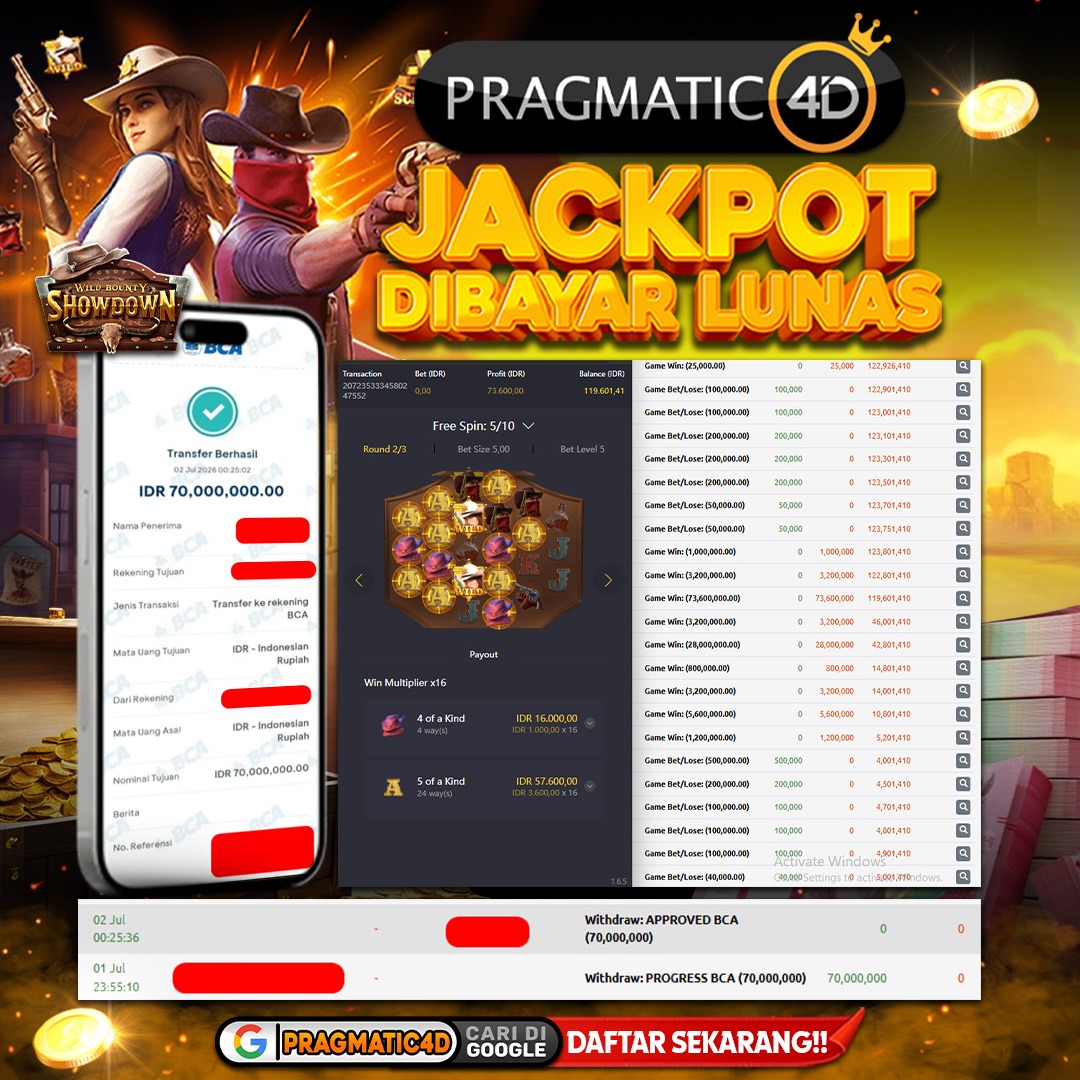BUKTI KEMENANGAN MEMBER 02 JULI 2026 DI PRAGMATIC4D 70 JUTA