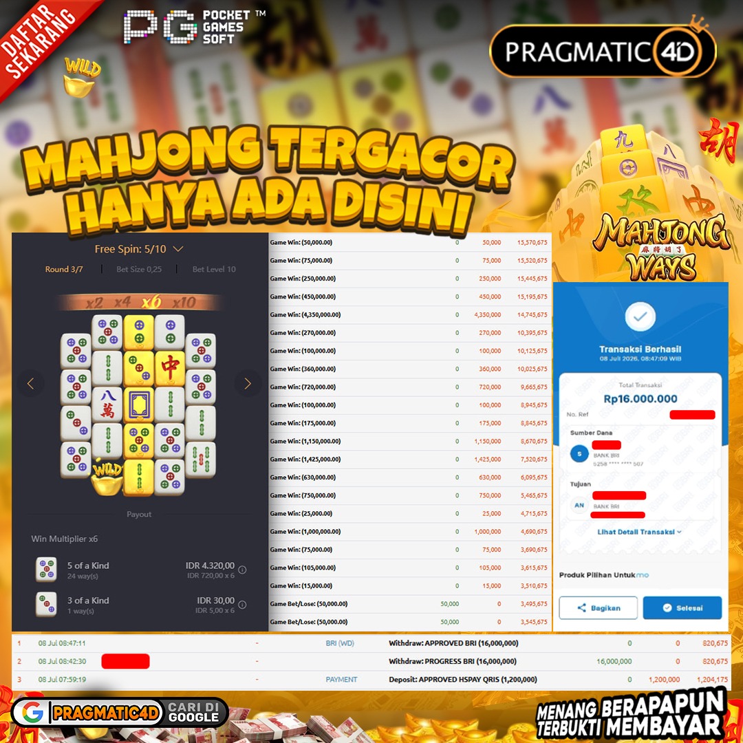 BUKTI KEMENANGAN MEMBER 08 JULI 2026 DI PRAGMATIC4D 16 JUTA