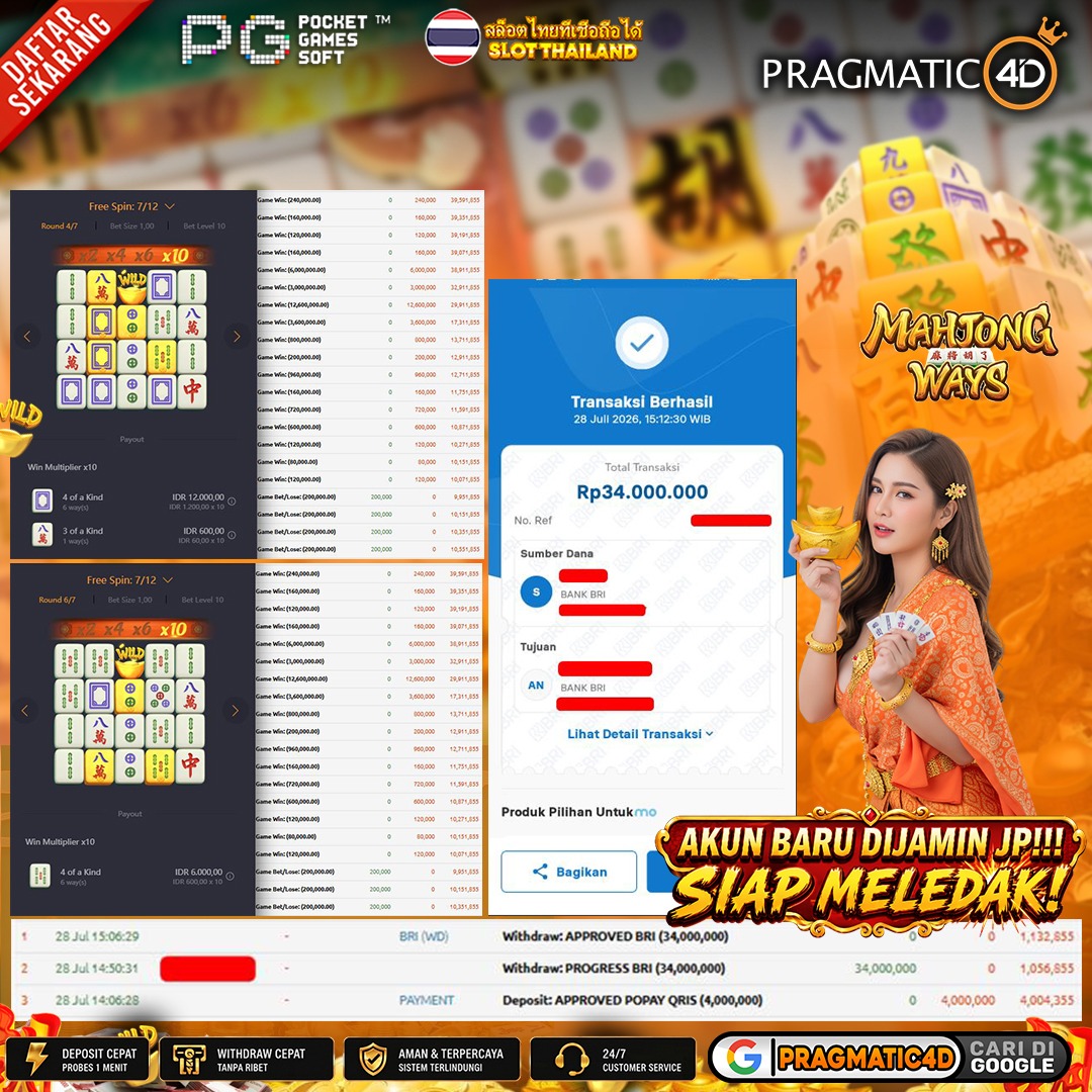 BUKTI KEMENANGAN MEMBER 29 JULI 2026 DI PRAGMATIC4D 34 JUTA