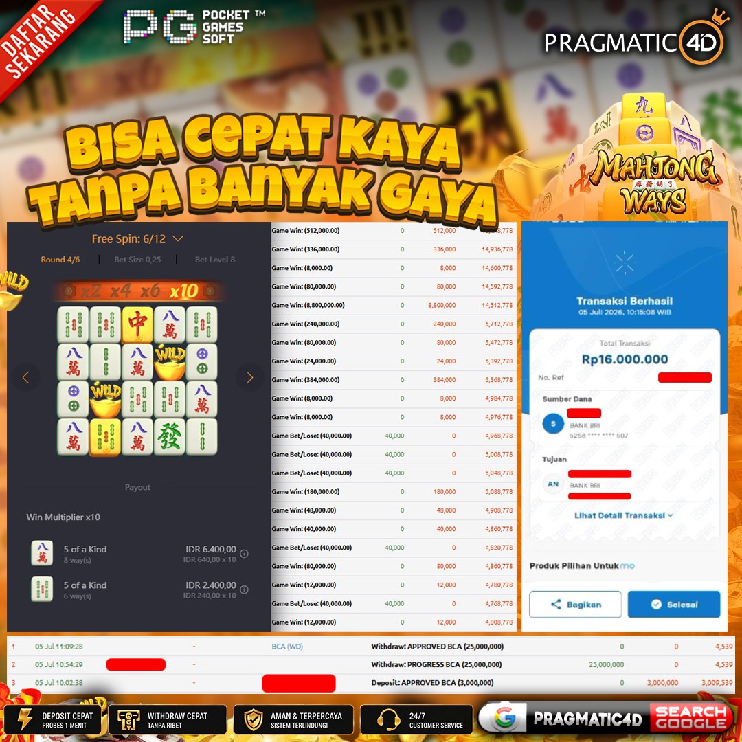 BUKTI KEMENANGAN MEMBER 05 JULI 2026 DI PRAGMATIC4D 16 JUTA