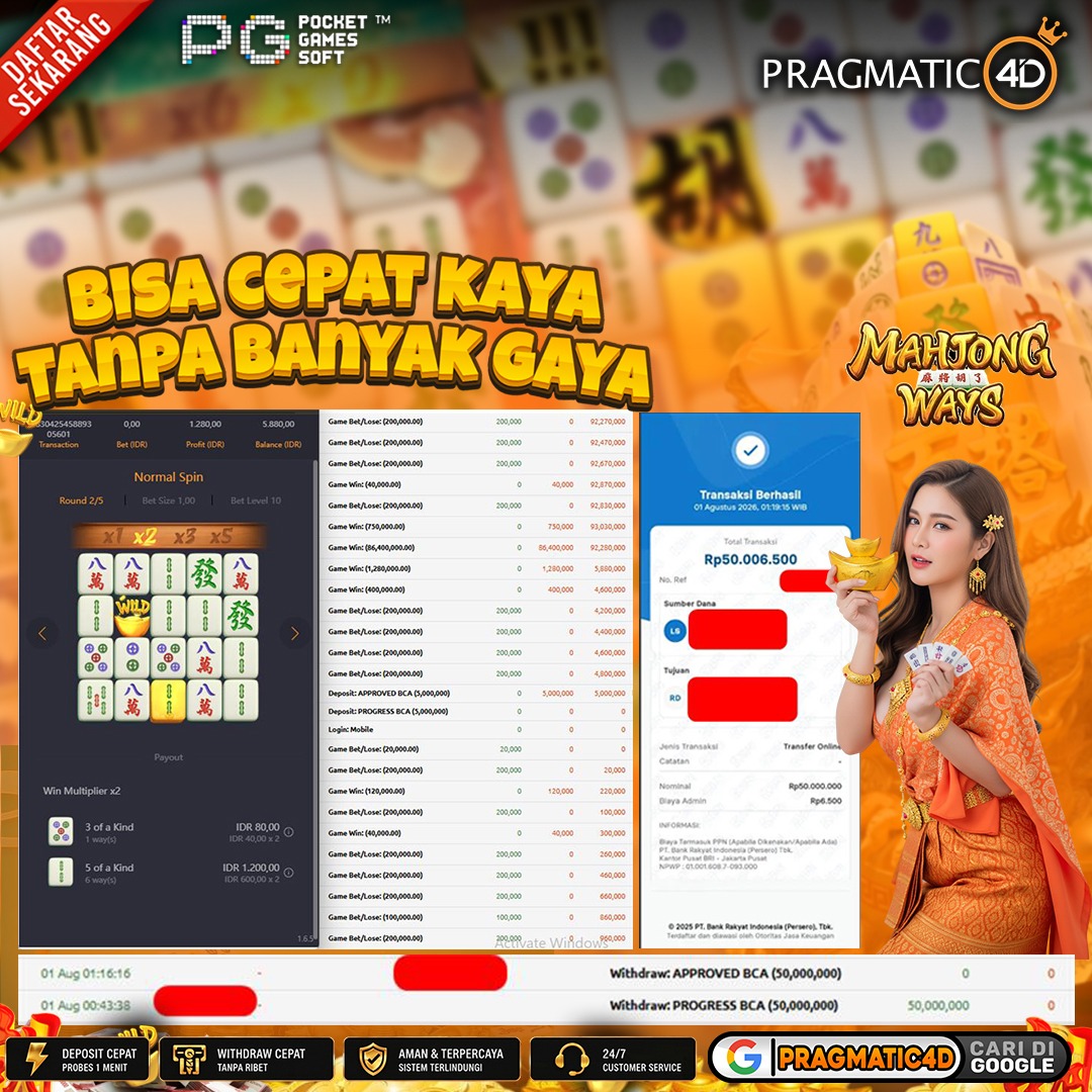 BUKTI KEMENANGAN MEMBER 01 AGUSTUS 2026 DI PRAGMATIC4D 50 JUTA